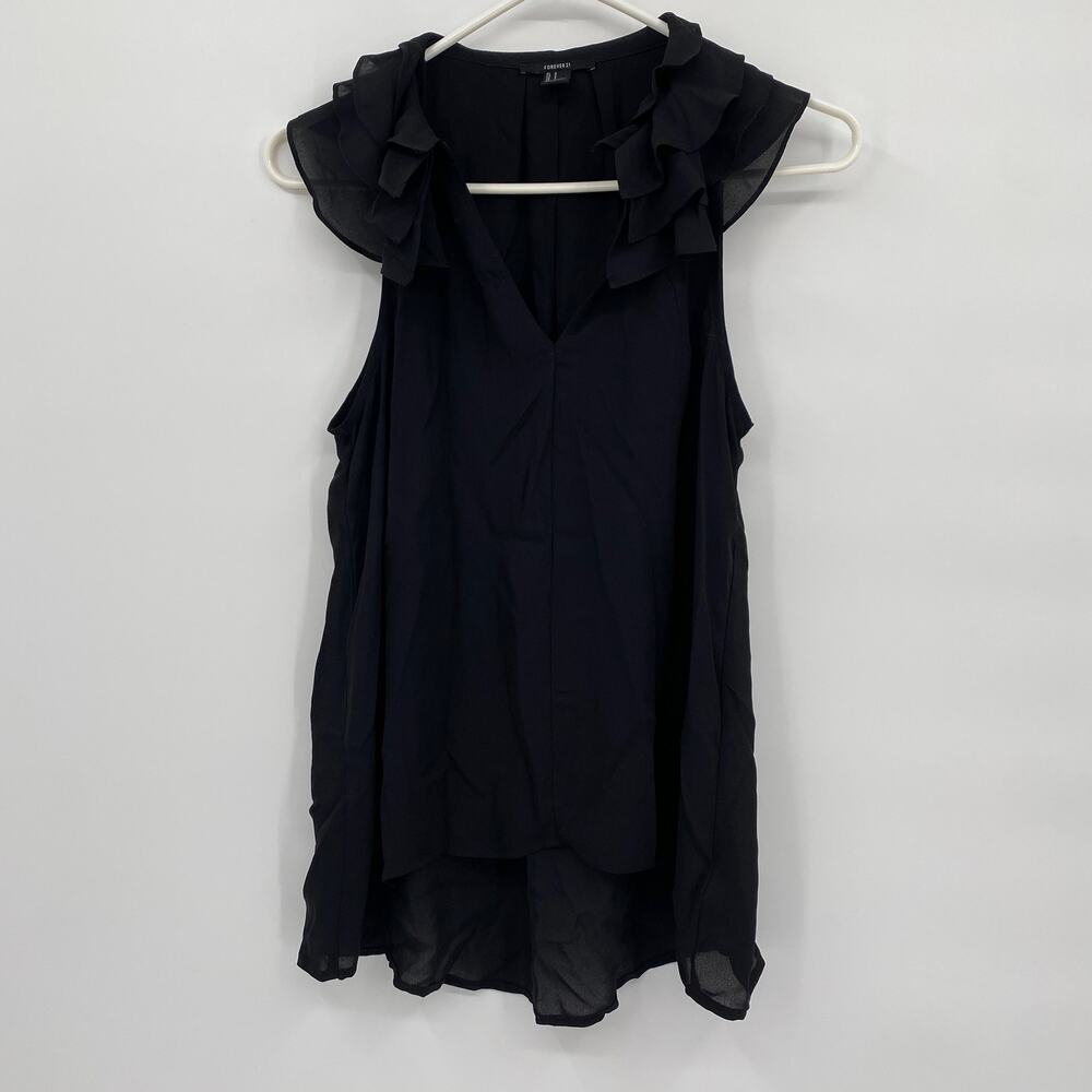 Forever 21 Black Ruffle V-Neck Cap Sleeve Flowy Hi- Low Dress Size Small